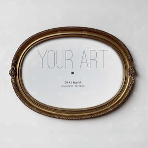 Horizontal DIN A Oval Gold Frame Mockup, Landscape 5x7 Ratio Ornate Wall Art, Smart Object