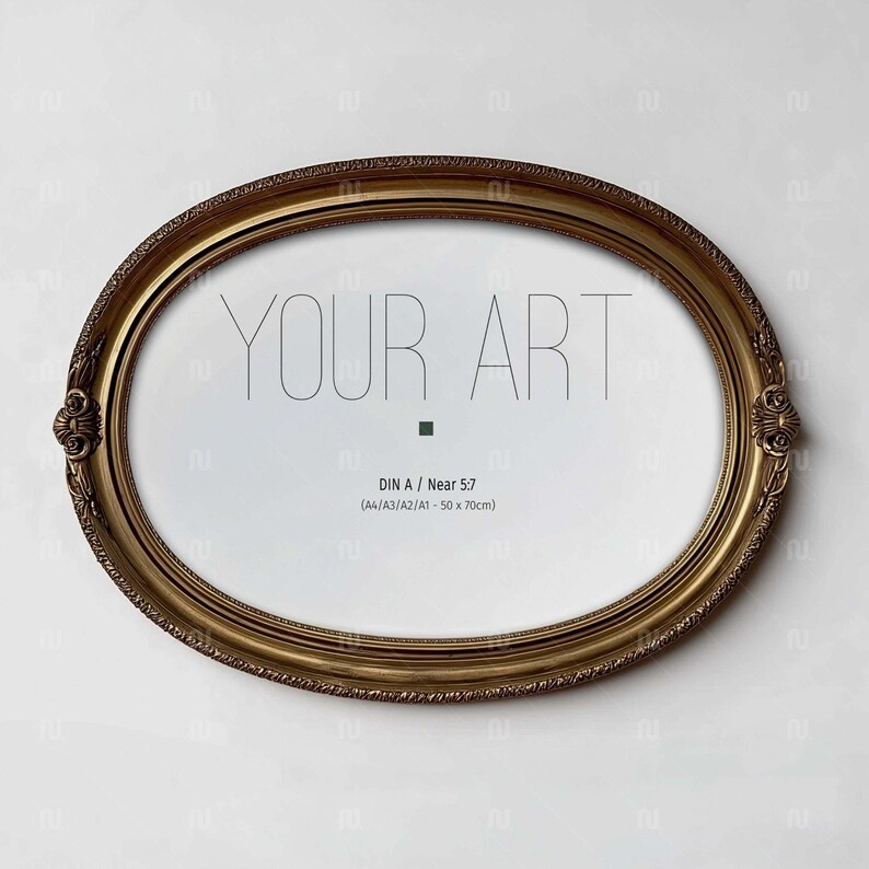 Horizontal DIN A Oval Gold Frame Mockup, Landscape 5x7 Ratio Ornate Wall Art, Smart Object
