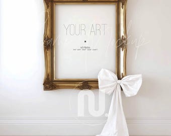 4x5 Coquette White Bow Frame Mockup: Gold Elegant Mockup (Smart Object PSD, JPG)