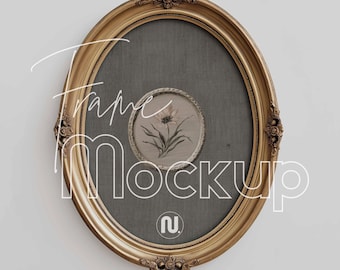 Vertical DIN A Oval Gold Frame Mockup, Antique 5x7 Ratio Ornate Wall Art, Smart Object