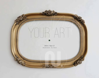 Horizontal DIN A Oval Gold Frame Mockup, Landscape 5x7 Ratio Ornate Wall Art, Smart Object