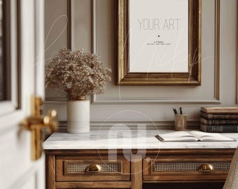 Vertical 4x5 Ratio Gold Frame Mockup, Antique 8x10 Desk-Study Interior, Smart Object PSD
