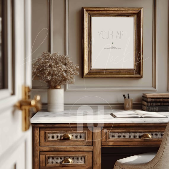 Vertical 4x5 Ratio Gold Frame Mockup, Antique 8x10 Desk-Study Interior, Smart Object PSD