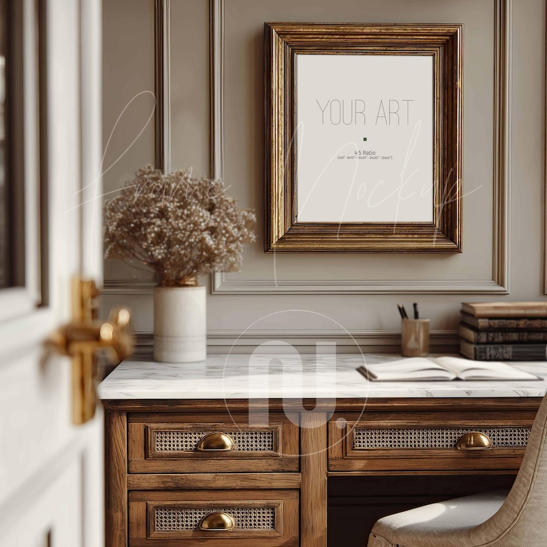 Vertical 4x5 Ratio Gold Frame Mockup, Antique 8x10 Desk-Study Interior, Smart Object PSD