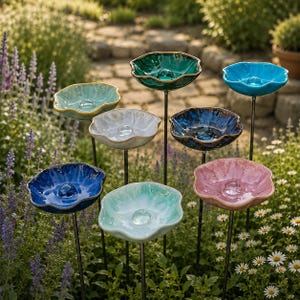 Op de afbeelding: Een verzameling kleurrijke, bloemvormige vogelbadjes van keramiek in een tuin. De vogelbadjes zijn in tinten blauw, groen, roze en wit, elk met een heldere glazen bol in het midden. Ze zijn gemonteerd op metalen staven.