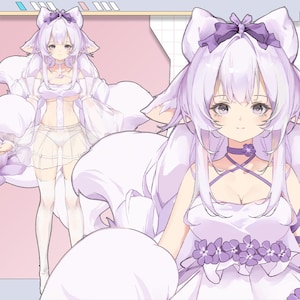 以下が含まれることがあります： 明るい紫色の髪とキツネのような耳を持つキャラクターのアニメスタイルのイラスト。キャラクターは、紫色の花のアクセントとマッチするリボンが付いた白いドレスを着ています。画像はソフトなパステルカラーパレットです。