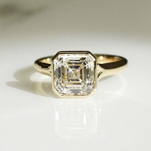 14k Yellow Gold Asscher Cut Moissanite Engagement Ring, Bezel Set