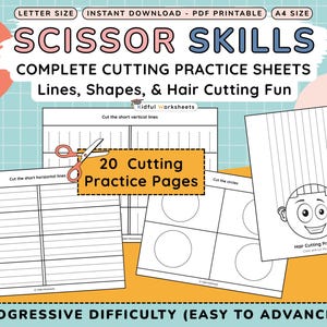 Hojas de trabajo de tijeras para preescolar / Práctica de corte (líneas, formas, color y corte) / PDF imprimible