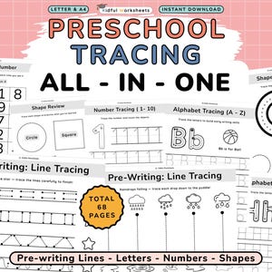 Preschool Trace Workbook | Tracing Alphabet, Numbers 1-10, Shapes, Lines (Printable Worksheets PDF)