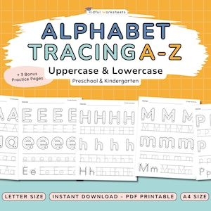 Pode incluir: Folhas de trabalho de rastreamento do alfabeto para pré-escola e jardim de infância. A imagem mostra letras maiúsculas e minúsculas A-Z com guias de rastreamento. Inclui páginas de prática bônus. O fundo é um padrão de grade.