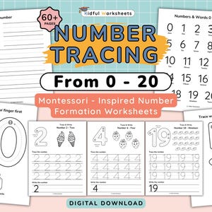 May include: Educational number tracing worksheets for kids, featuring numbers 0-20. Includes tracing exercises, number writing practice, and Montessori-inspired activities. Digital download.