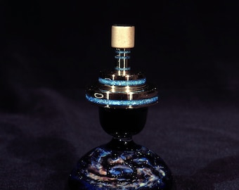 Brass Spinning Top with Dichroic Inlays Tungsten Contact Point and Spiral Galaxy Space Glass Stand