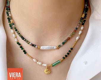 Naszyjnik z pereł słodkowodnych Boho z zielonym agatem i koralikami, z wisiorkiem w kształcie monety i portretem dla kobiet