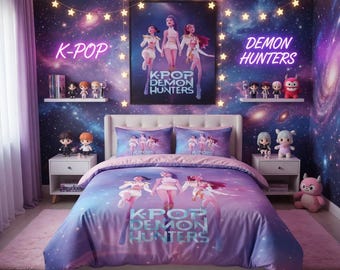 Kpop Demon Hunters Duvet Cover Set, 3 Piece Anime Bedding Set