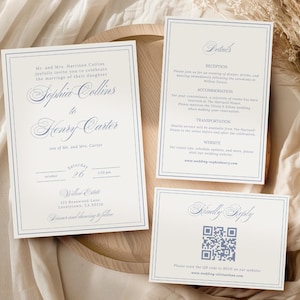 May include: Elegant wedding invitation suite with a light blue border and text. The invitation includes the names Sophia Collins and Henry Carter, along with event details. Additional cards provide reception, accommodation, and RSVP information.