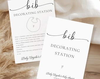 Bib Decorating Station Sign, Decorate a Onesie, Baby Shower Activity Template, Heat Press and Vinyl, Decorate a Bib, Editable in Canva