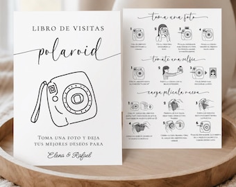 Instrucciones para Instax Mini 12 en español, Libro de firmas Polaroid, Cartel para libro de firmas con fotos, Cómo cargar película nueva, Libro de firmas para bodas, Editable en Canva