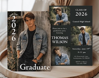 Moderne zwarte afstudeeruitnodiging: senior afstudeeraankondiging jongen kaart digitale meerdere foto afstudeerfeest uitnodiging klasse van 2026 bewerkbaar