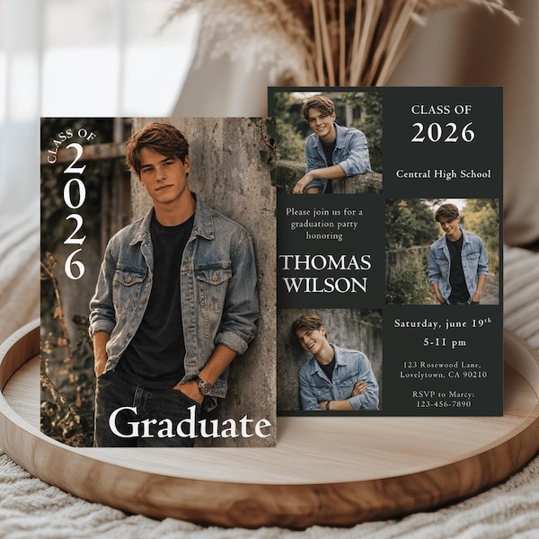 Modern Black Graduation Invitation: Senior Graduation Announcement Boy Card Digital Multiple Photo Grad Party Invite Class of 2026 Editable