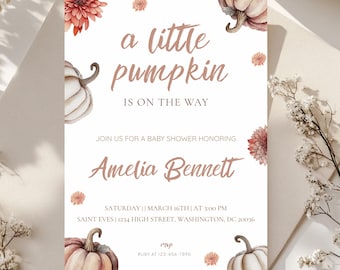 Little Pumpkin Baby Shower Girl Invitation Little Pumpkin Baby Shower Invite Fall Girl Baby shower Invite Pink Pumpkin Editable Canva