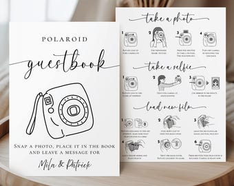Instax Mini 12 instructiebord, polaroid-gastenboek, foto gastenboekbord, nieuwe film laden, bruiloftsgastenboek, bewerkbaar canva
