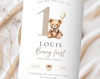 Invito per il primo compleanno di Beary, modello di invito per palloncino neutro per orsetto, modello di invito per palloncino marrone per orsetto di compleanno