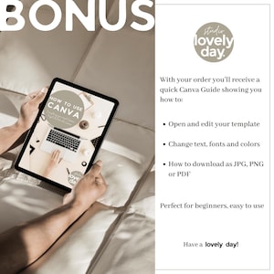 Pu&ograve; includere: Un tablet che mostra un tutorial di Canva, tenuto da una persona. Lo schermo mostra una grafica di un laptop e le parole "HOW TO USE CANVA". L'immagine include il testo "BONUS" e "studio lovely day."