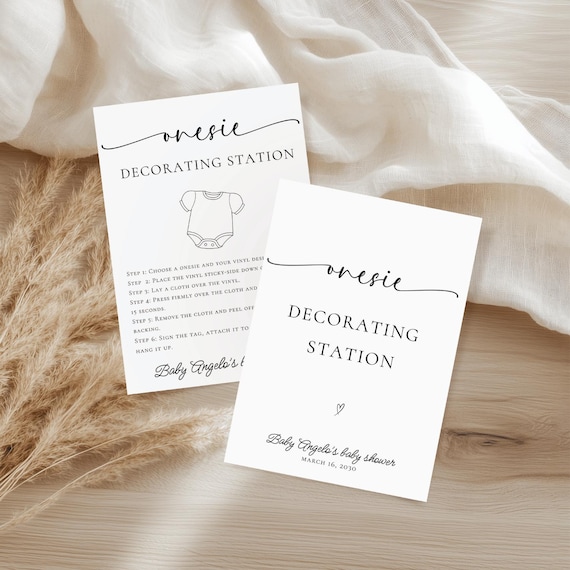 Onesie Decorating Station Sign, Decorate a Onesie, Baby Shower Activity Template, Heat Press and Vinyl, Decorate a Bib, Editable in Canva