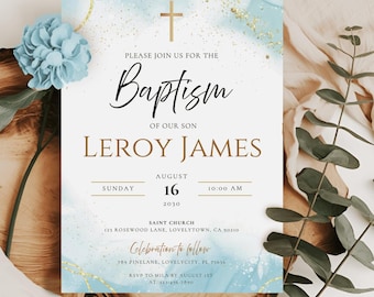 May include: Baptism invitation with a light blue watercolor background and gold accents. The invitation includes the text "Baptism of our son Leroy James" and event details. A blue flower and greenery are in the image.