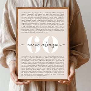 May include: A framed print with the words "60 reasons we love you" in a handwritten style. The print has a beige background and a wooden frame. The text lists positive qualities and actions.