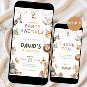Op de afbeelding: Een digitale uitnodiging voor de 3e verjaardag van een kind, met een safari-dierenthema. Het ontwerp bevat een zebra, olifant, leeuw, tijger en giraf, met de tekst "Party Animals" en evenementdetails. Een bonus bedankkaart is ook inbegrepen.