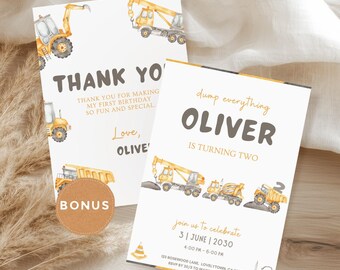 Watercolor Construction Birthday Invite Template, Editable Construction Birthday Invitation, Boys 2nd Birthday Invite Construction Evite