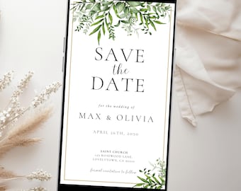 Invitación electrónica de boda Save the Date de Evite Invitación digital Save the Date Plantilla digital Canva Save the Date de Greenery