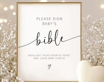 Baby's Bible Sign Template Please Sign Baby's Bible Sign Bible Guest Book Sign Modern Minimalist Baby Shower Baby Shower Signage