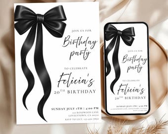 Black Bow Birthday Invitation Template: Elegant Editable Party Invite, Digital Download for Printable and Phone Format (BP15)