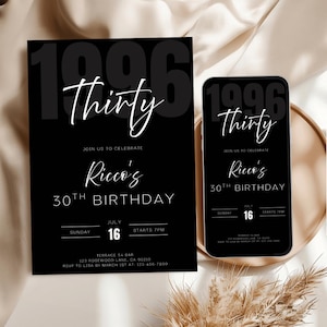 May include: Black and white birthday invitation with the word "Thirty" in elegant script. The invitation includes the text "Join us to celebrate Ricco's 30th Birthday" and event details. A smartphone displays the same design.
