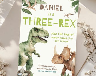 Dinosaur Birthday Invitation Three Rex Birthday Invite Boys Third Birthday 3rd Dino Party Editable Canva Template