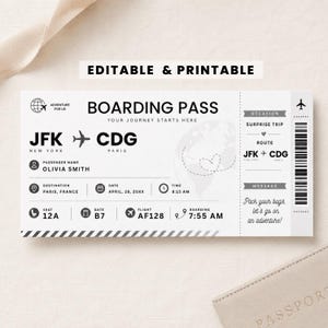 Könnte beinhalten: Eine bearbeitbare und druckbare Bordkarten-Vorlage mit schwarzem Text auf weißem Hintergrund. Sie enthält Flugdetails von JFK nach CDG, den Passagiernamen Olivia Smith, das Datum 26. April 20XX, Sitzplatz 12A, Gate B7, Flug AF128 und die Nachricht Pack your bags, let's go on an adventure.