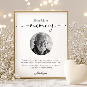 May include: A framed sign with the words "SHARE A memory" in elegant script above a black and white portrait of an older man. The sign includes text asking guests to share a memory and a "Thank you!" message.