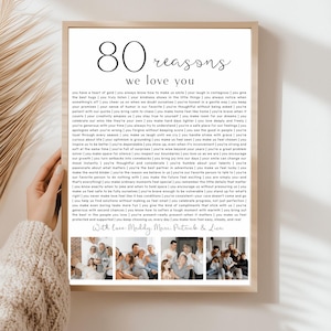 Könnte beinhalten: Gerahmter Druck mit dem Text "80 reasons we love you" in schwarzer Schrift. Der Druck enthält eine Liste von Gründen und eine Fotocollage am unteren Rand. Der Rahmen ist hellholzfarben.