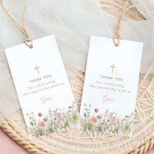 Baptism Favor Tags, Communion Gift Tags, Wildflower Editable Canva Template