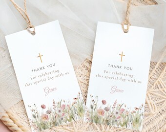 Baptism Favor Tags, Communion Gift Tags, Wildflower Editable Canva Template