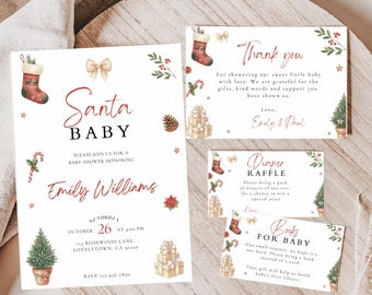 Peut inclure: Ensemble de faire-part et de cartes de baby shower sur le thème de Noël. L'invitation principale indique "Santa Baby" avec les détails de l'événement. Cartes supplémentaires : "Merci", "Tombola couches" et "Livres pour bébé".
