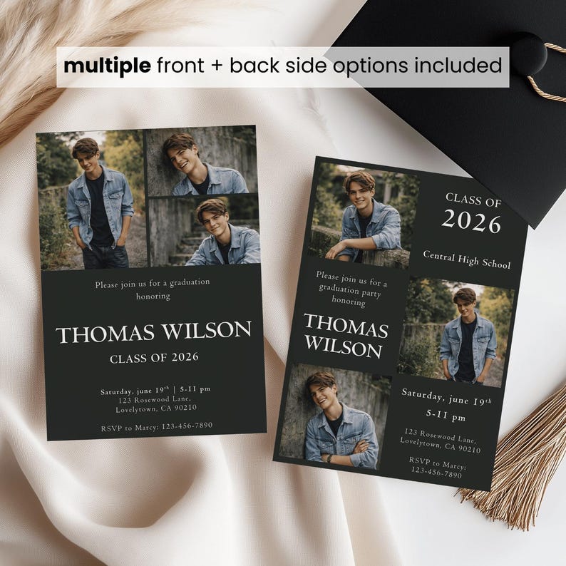 Modern Black Graduation Invitation: Senior Graduation Announcement Boy Card Digital Multiple Photo Grad Party Invite Class of 2026 Editable image 4
