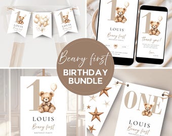 May include: A collection of party decorations and digital invitations with a teddy bear theme. Includes banners, a sign on an easel, and phone mockups. The text reads "Beary first Birthday Bundle" and "Louis Beary first Birthday Party".