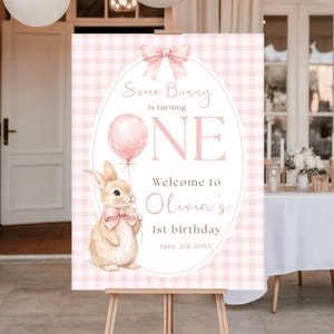 Puede incluir: Un letrero de bienvenida a cuadros rosas y blancos para una fiesta de primer cumpleaños. El letrero presenta una ilustración de acuarela de un conejito sosteniendo un globo, con el texto "Some Bunny is turning ONE. Welcome to Olivia's 1st birthday".