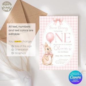 Op de afbeelding: Een roze en wit geruit uitnodigingskaartje met een konijnillustratie, een roze ballon en de tekst "Some Bunny is turning ONE". De uitnodiging is voor Olivia's 1e verjaardag. Bevat bewerkbare tekst.
