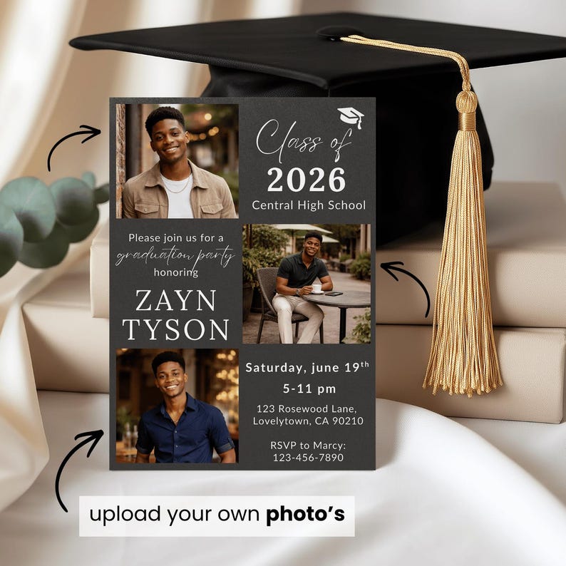 May include: A graduation announcement card with three photos of a young man, the text "Class of 2026," and event details. The card is black with white text and is topped with a black graduation cap with a gold tassel. The text "upload your own photo's" is at the bottom.