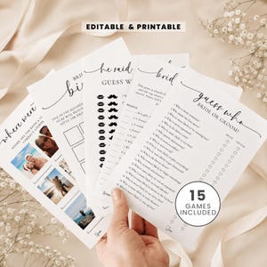 May include: A set of white paper wedding game cards with black text and graphics. The cards feature titles like "Where were we?", "He said, she said", and "Guess who: Bride or Groom?" with lists of questions, checkboxes, and photo placeholders.