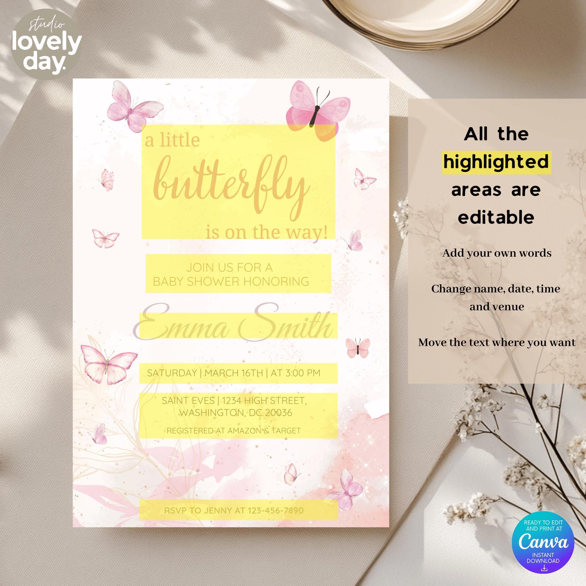 Editable Butterfly Baby Shower Invitation Pink Purple Butterfly ...